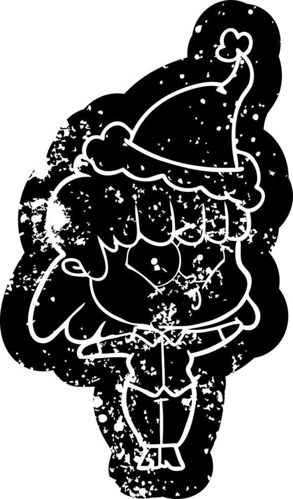 cartoon distressed icon of a whistling girl wearing santa hat vector