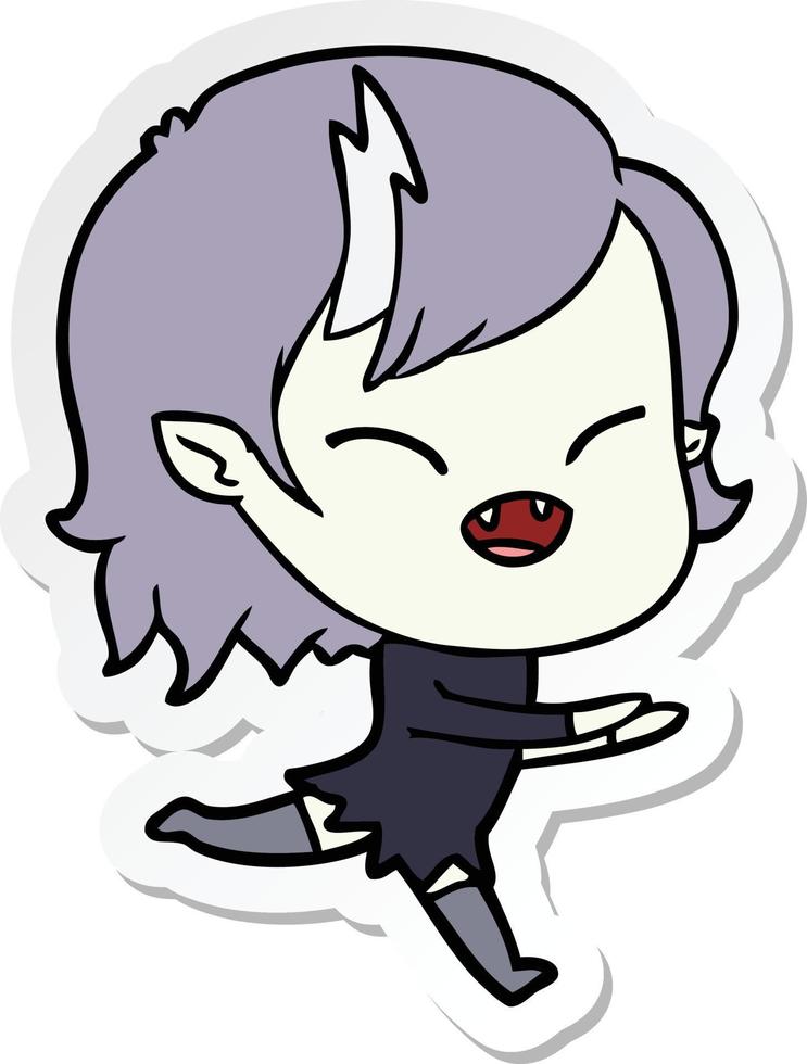 sticker of a cartoon laughing vampire girl running vector