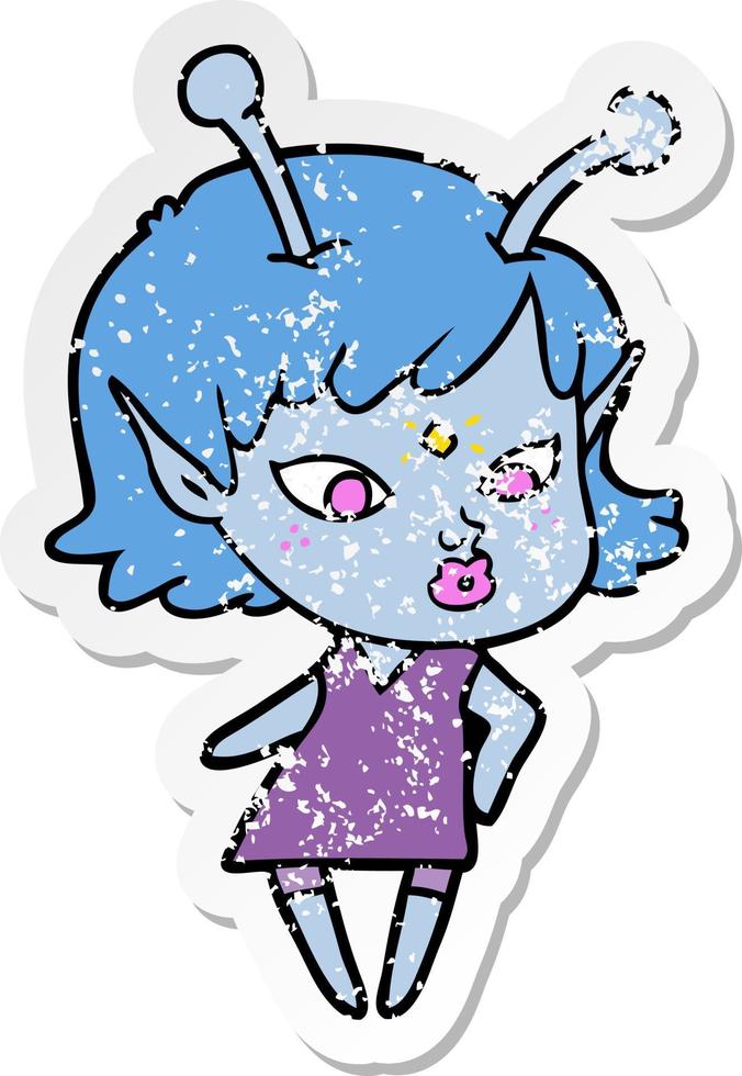 distressed sticker of a pretty cartoon alien girl vector