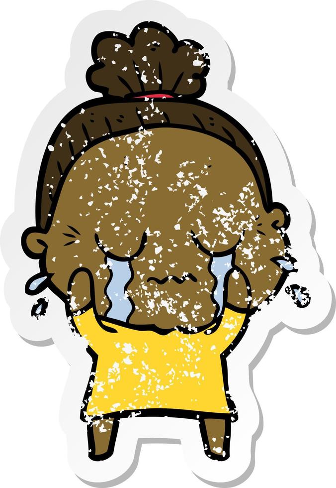 distressed sticker of a cartoon crying old lady vector