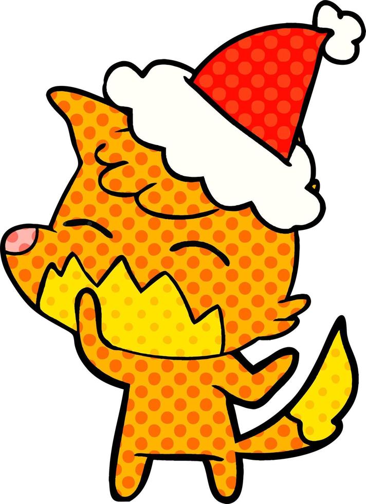 comic book style illustration of a fox wearing santa hat vector