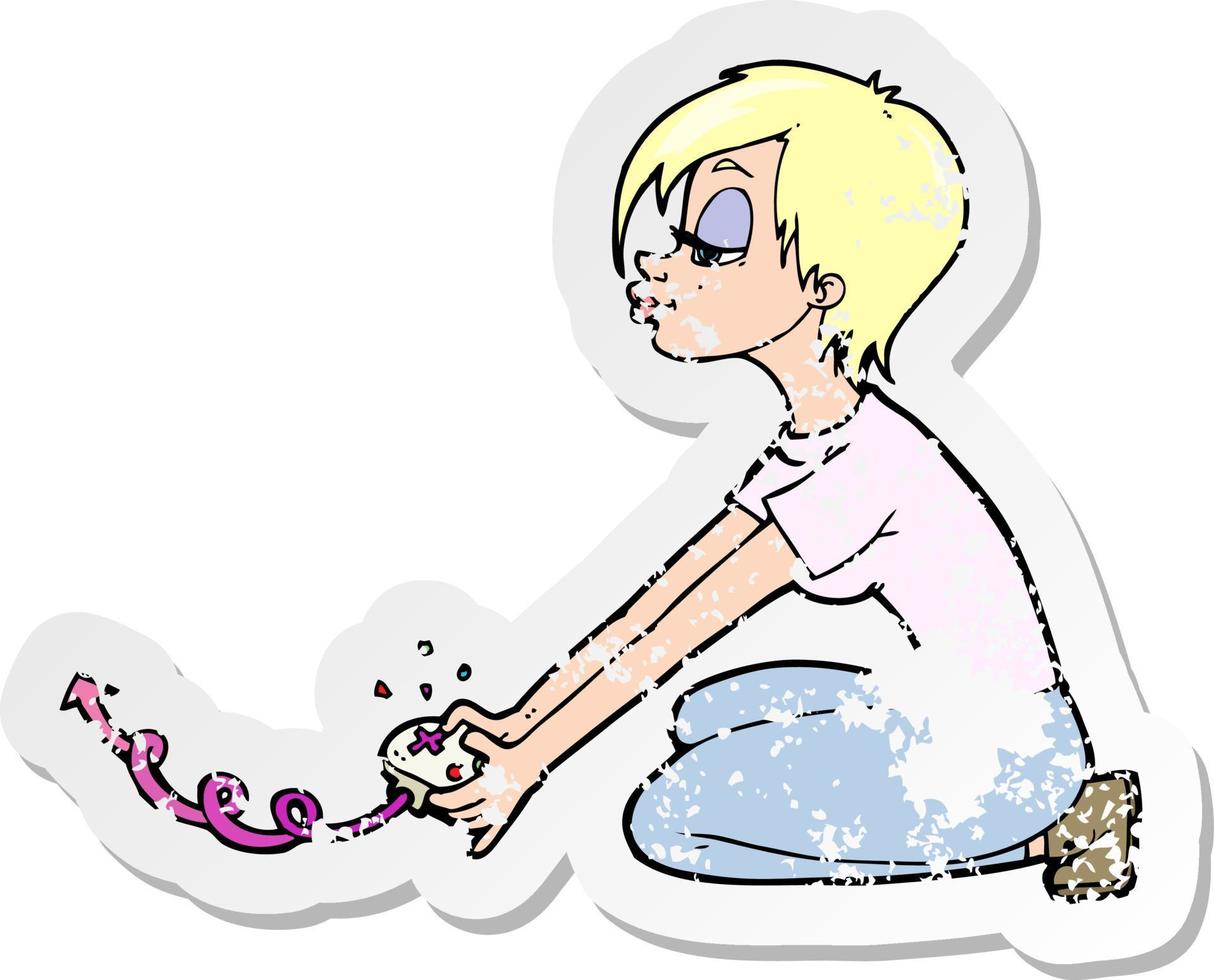 pegatina retro angustiada de una chica de dibujos animados jugando juegos de computadora vector