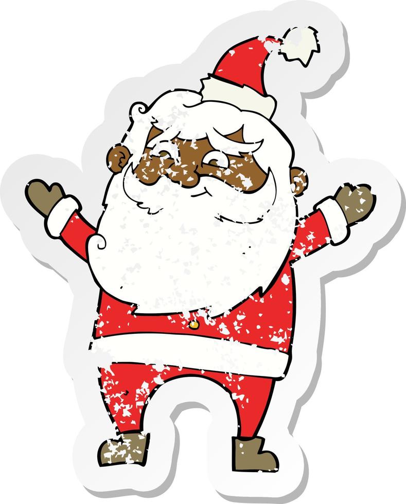 retro distressed sticker of a cartoon happy santa claus vector