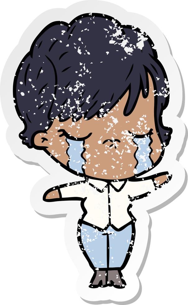 distressed sticker of a cartoon woman crying vector