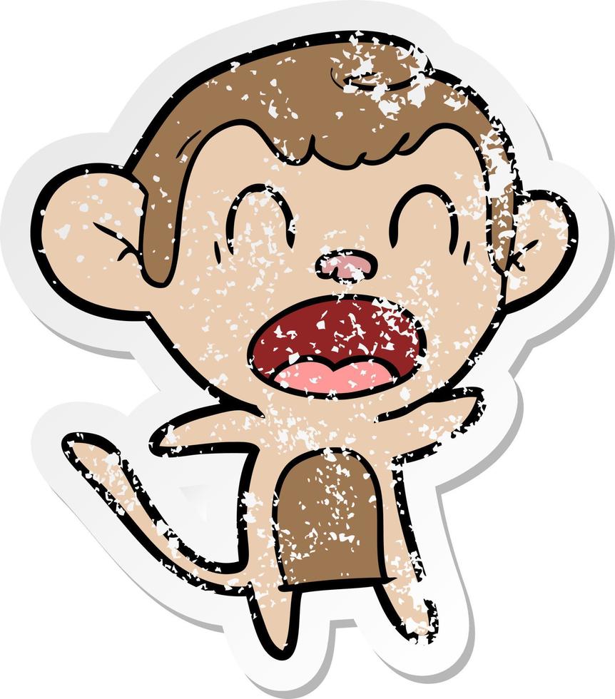 distressed sticker of a shouting cartoon monkey vector