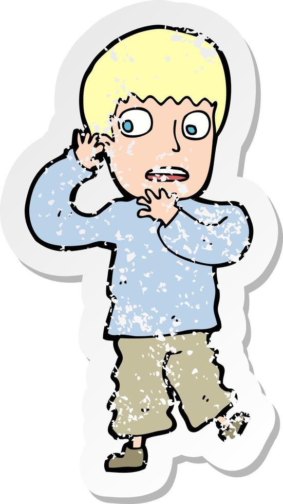 retro distressed sticker of a cartoon frightened boy vector