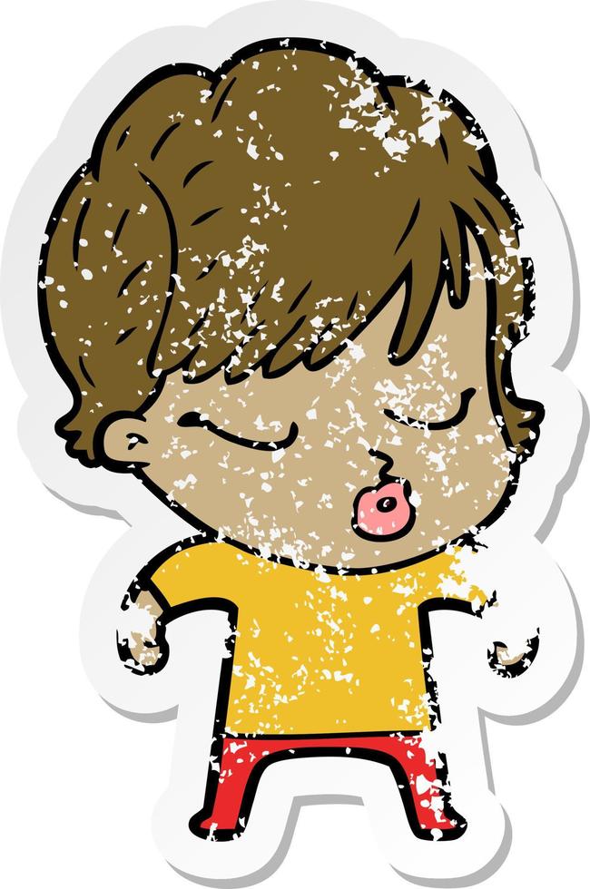 distressed sticker of a cartoon woman with eyes shut vector