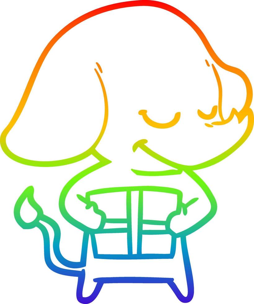 rainbow gradient line drawing cartoon smiling elephant with present vector
