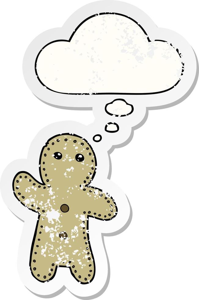 cartoon gingerbread man and thought bubble as a distressed worn sticker vector