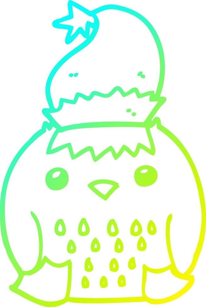 cold gradient line drawing cute cartoon owl wearing christmas hat vector