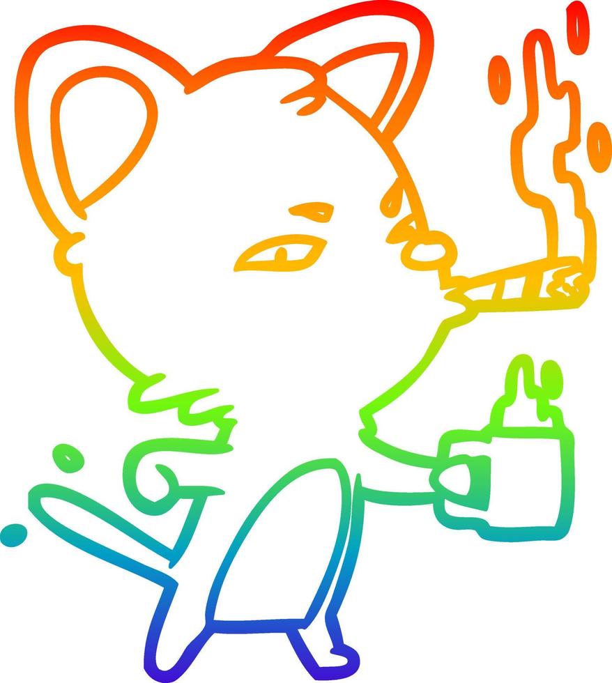 dibujo de línea de gradiente de arco iris gato de negocios serio con café y cigarro vector