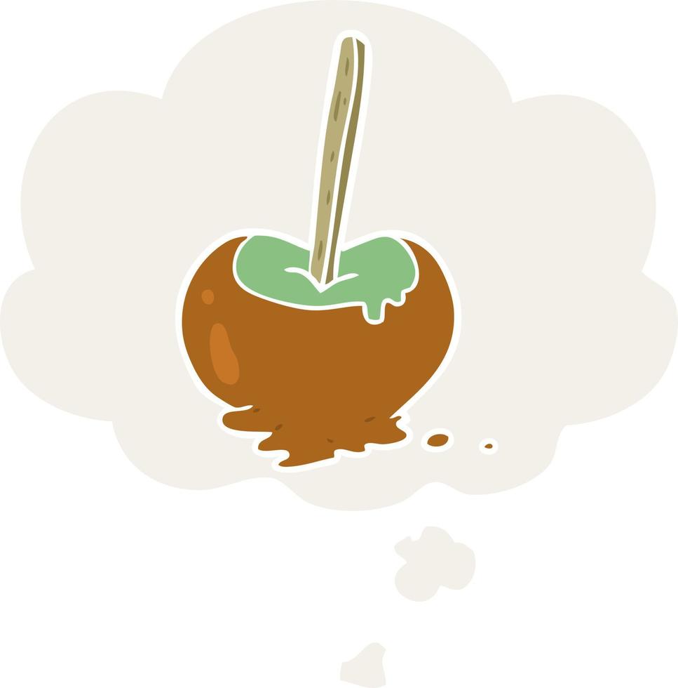 manzana de caramelo de dibujos animados y burbuja de pensamiento en estilo retro vector