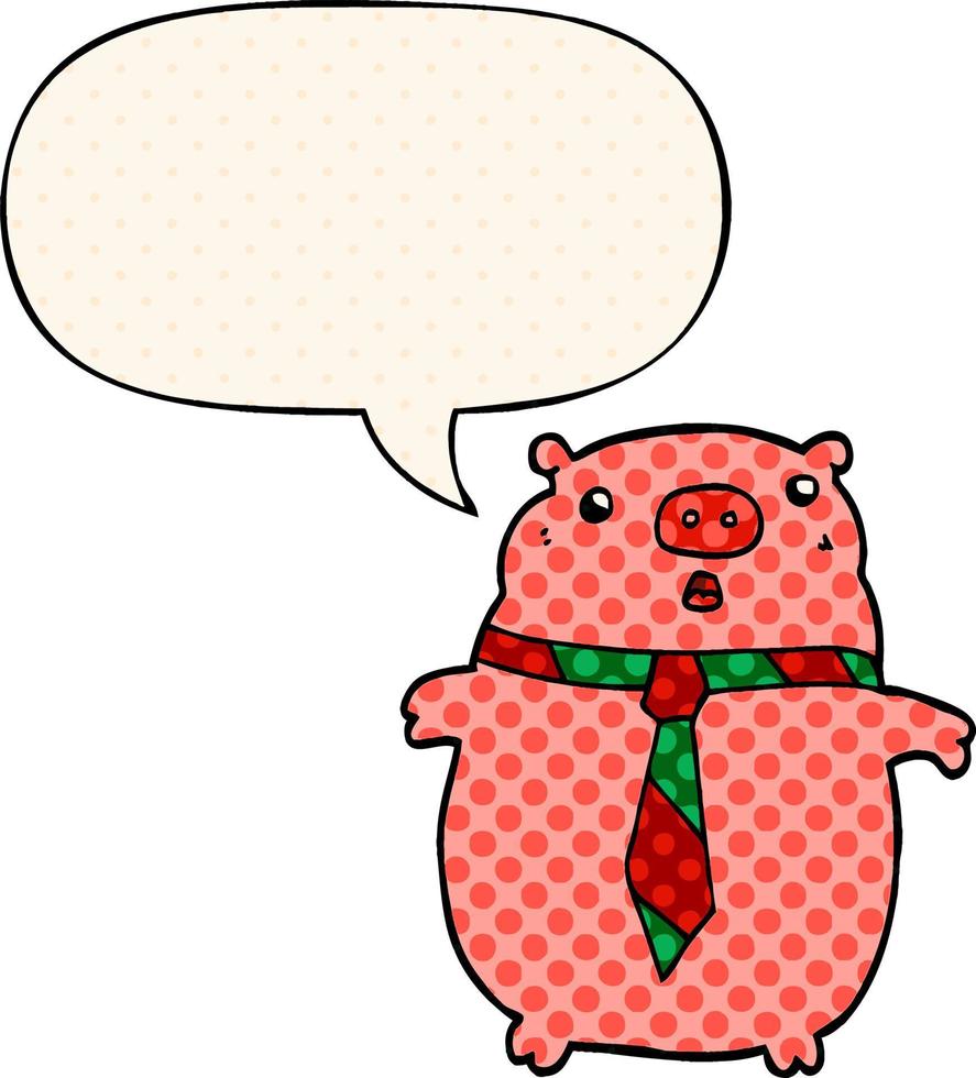 cerdo de dibujos animados con corbata de oficina y burbuja de habla al estilo de las historietas vector
