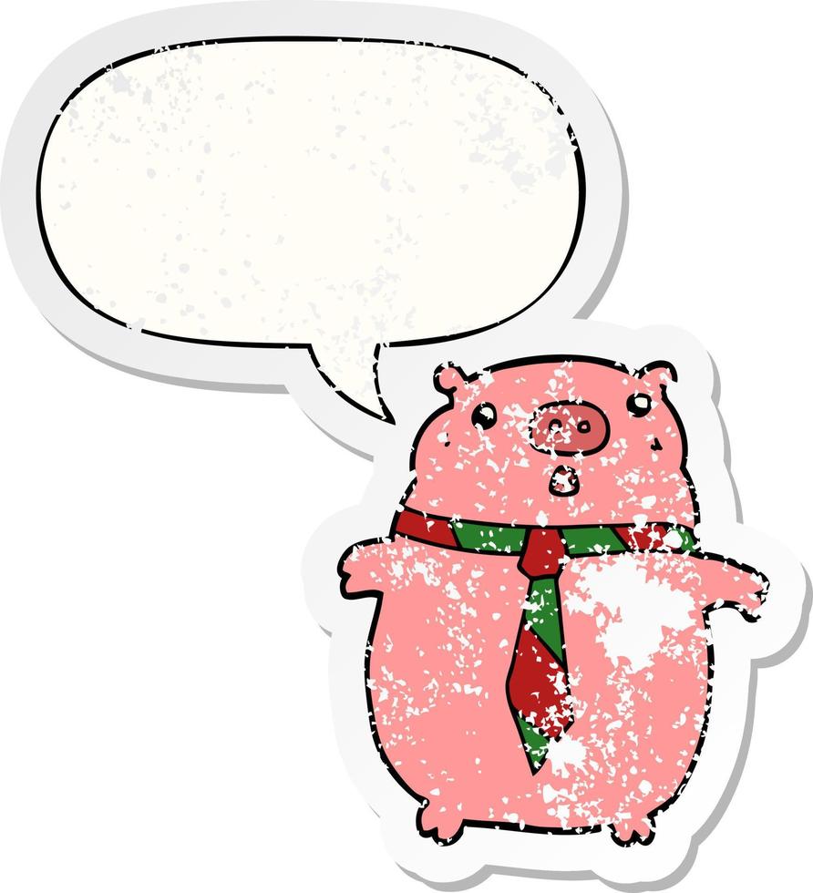 cartoon pig wearing office tie and speech bubble distressed sticker vector