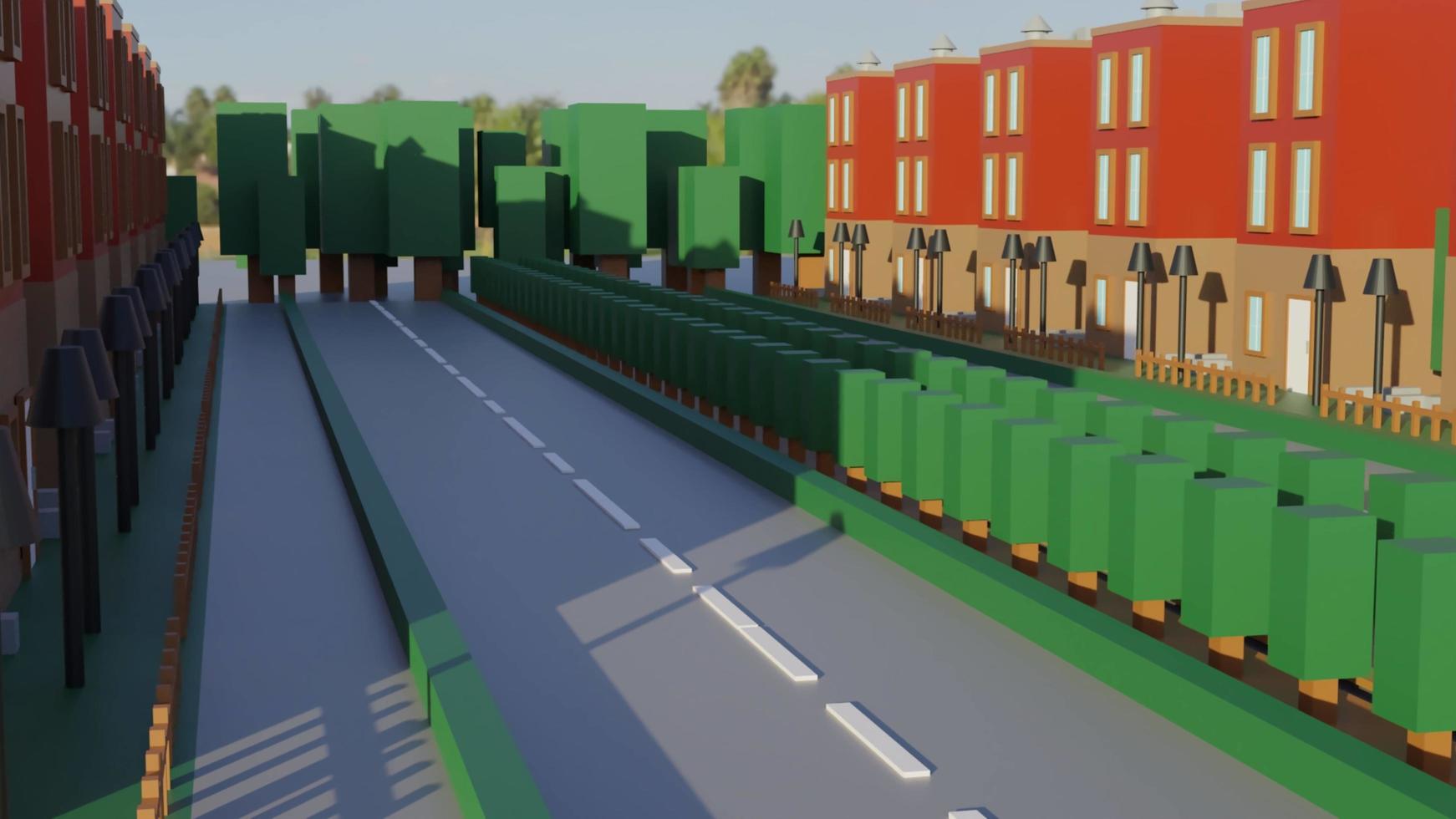 street with buildings and trees low poly photo