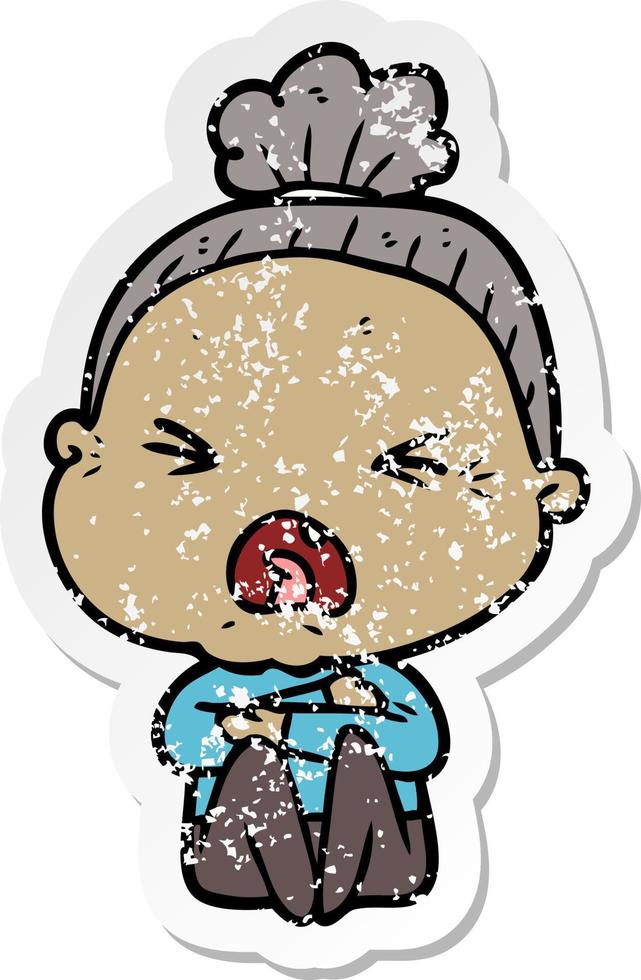 distressed sticker of a cartoon angry old woman vector