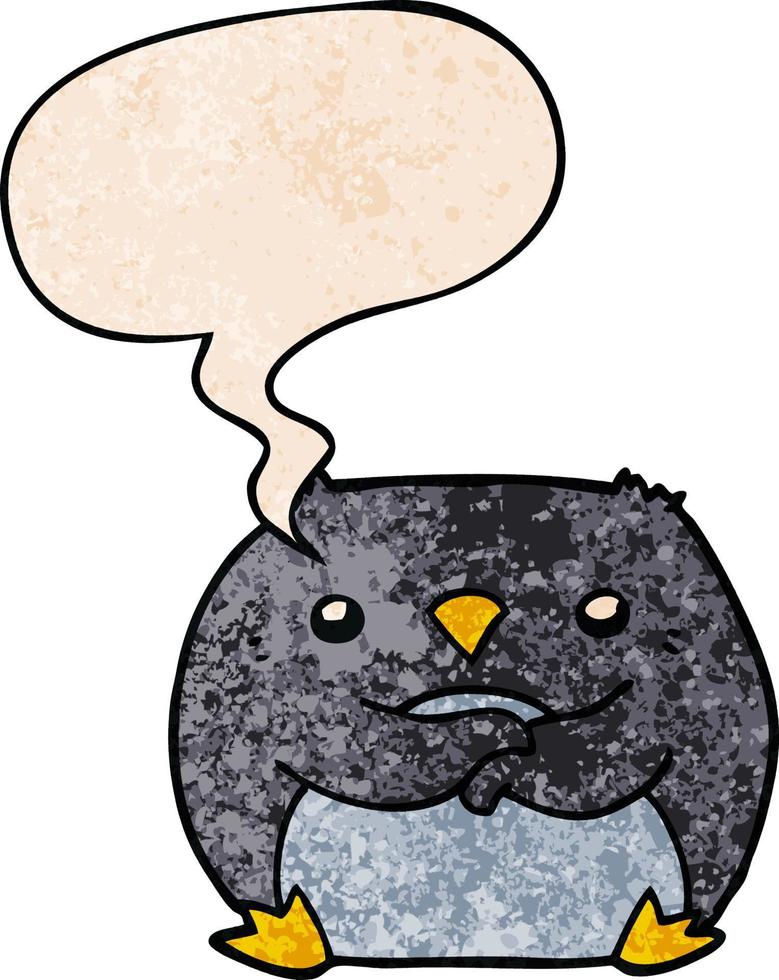 cartoon penguin and speech bubble in retro texture style vector