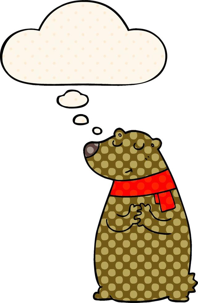 cartoon bear wearing scarf and thought bubble in comic book style vector
