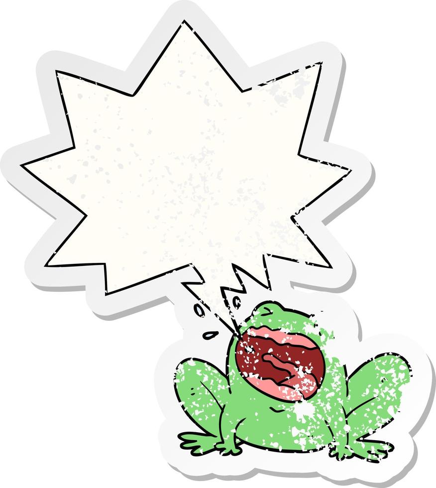 cartoon frog shouting and speech bubble distressed sticker vector