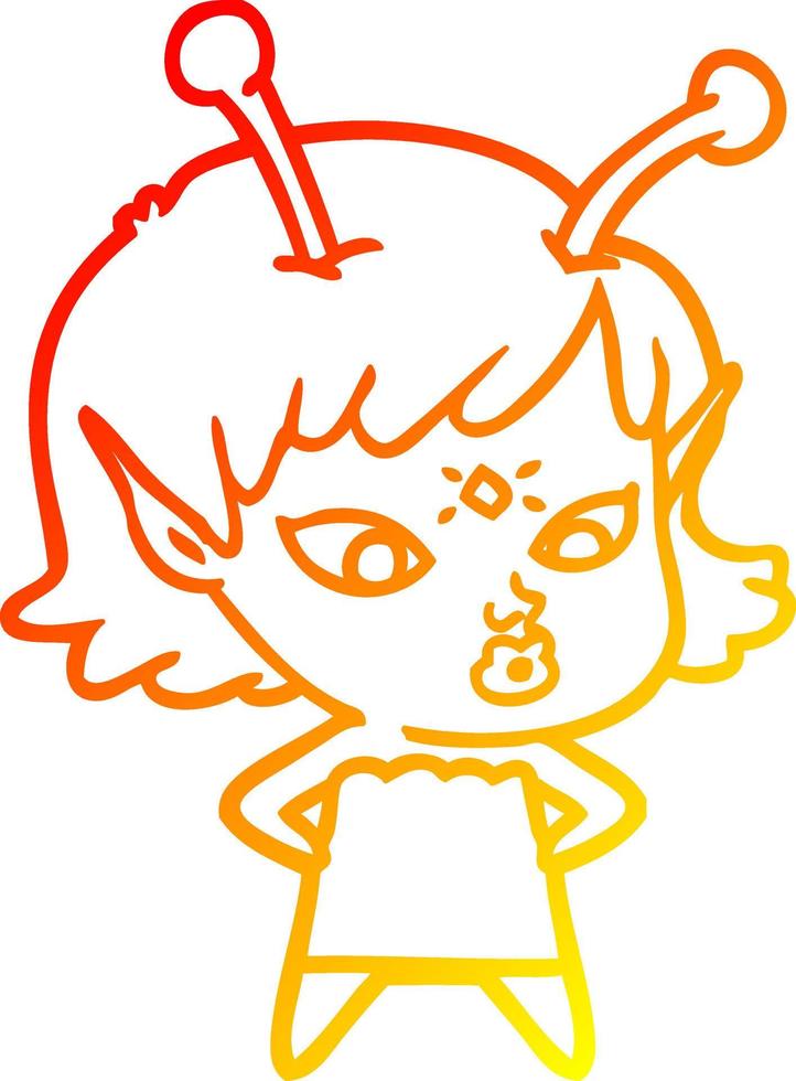 warm gradient line drawing pretty cartoon alien girl vector