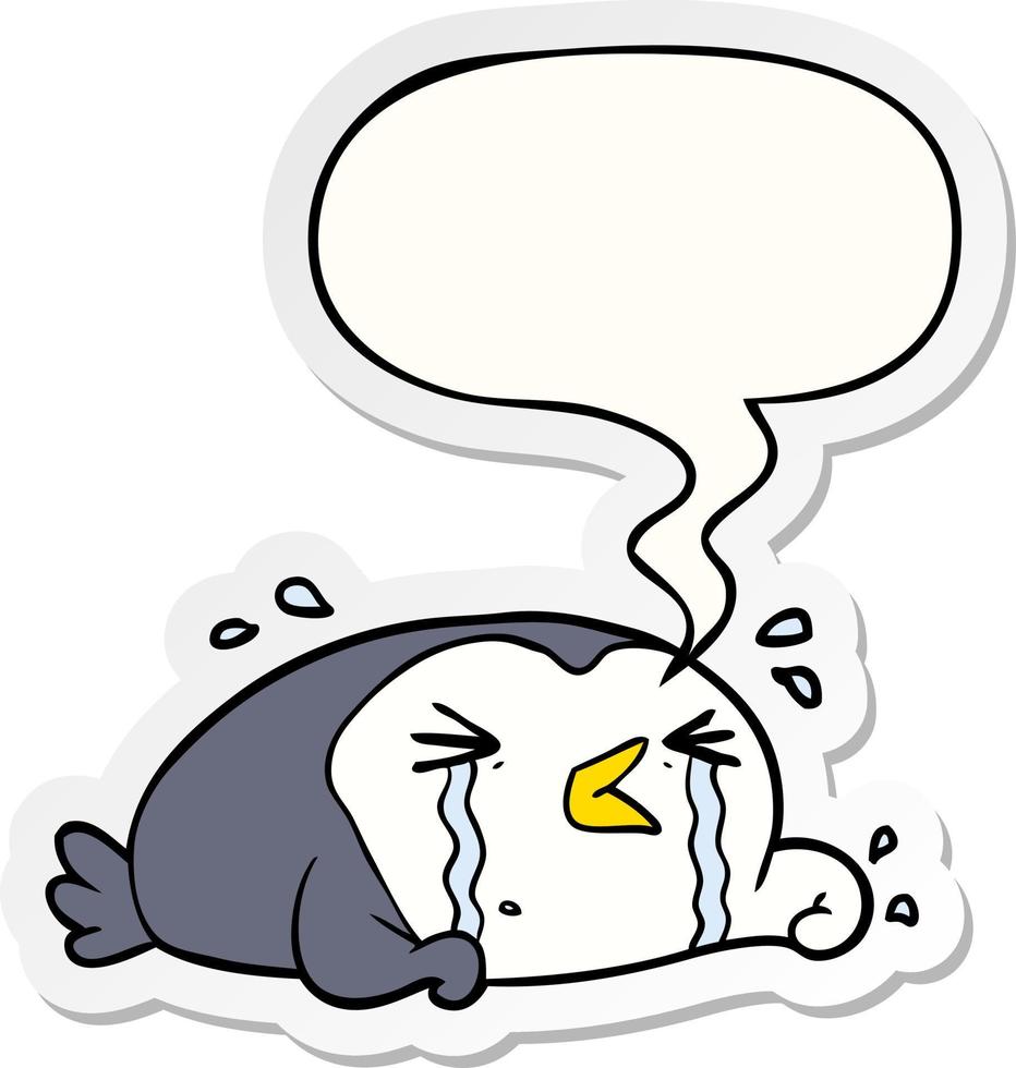 cartoon crying penguin and speech bubble sticker vector