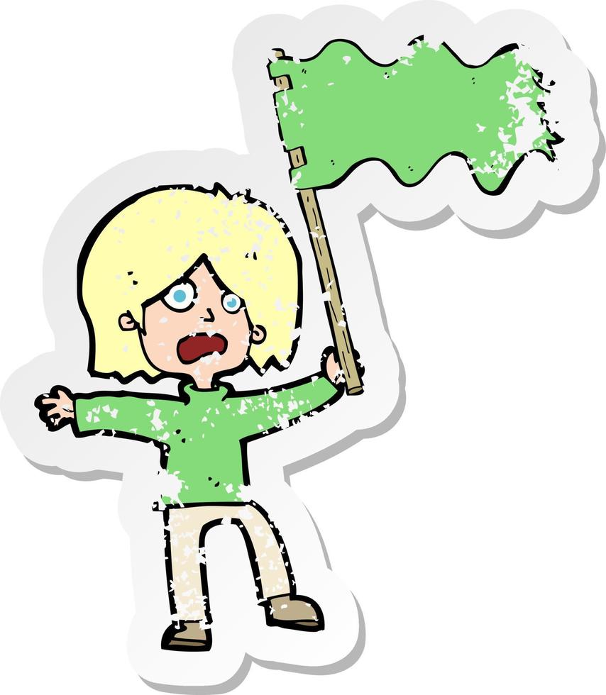 pegatina retro angustiada de una mujer de dibujos animados ondeando una bandera verde vector