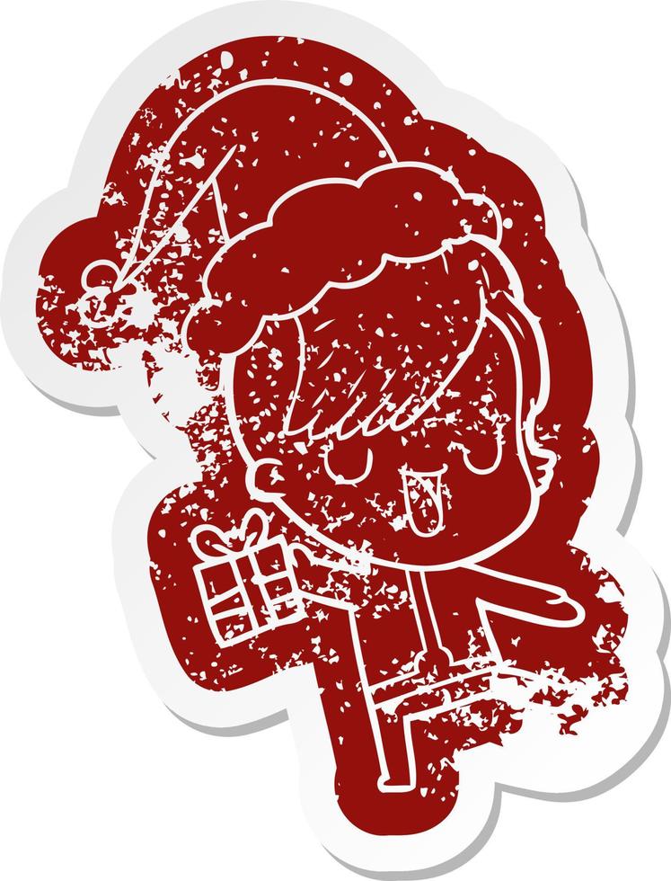 cute cartoon distressed sticker of a girl with hipster haircut wearing santa hat vector