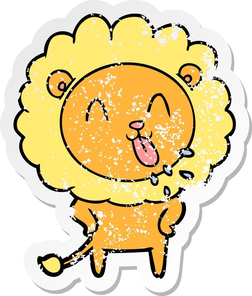 distressed sticker of a happy cartoon lion vector