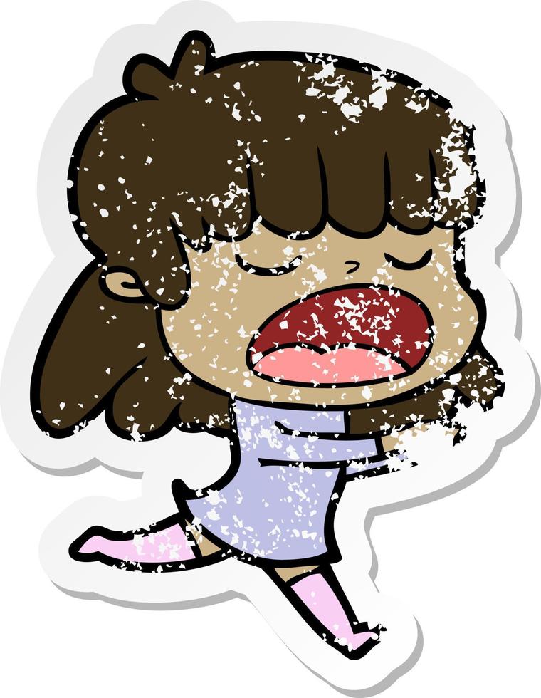 distressed sticker of a cartoon woman talking loudly vector