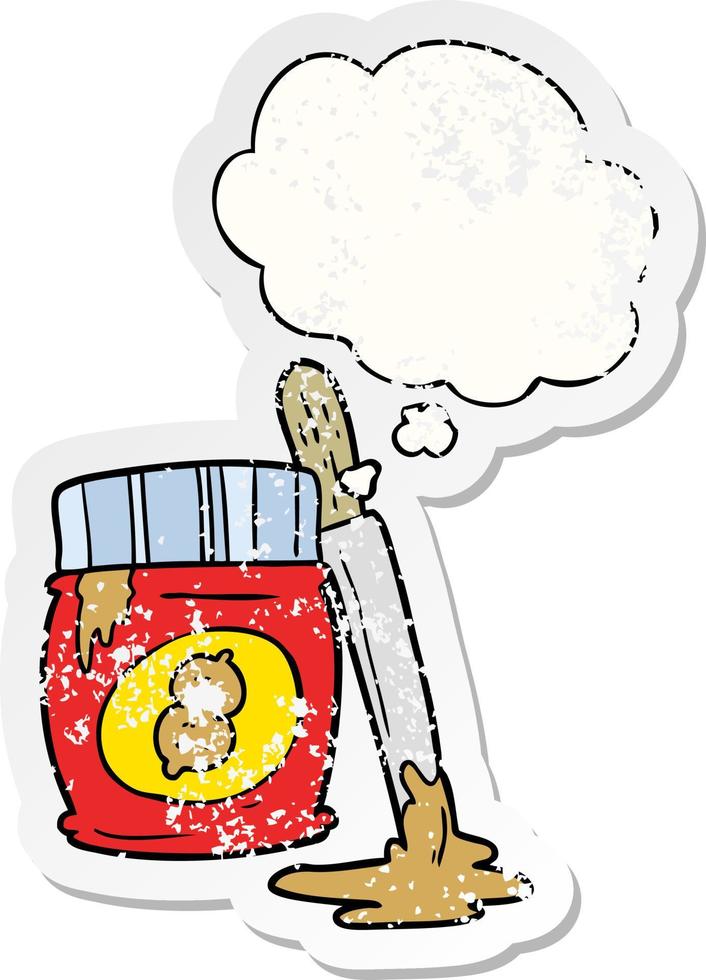 cartoon peanut butter and thought bubble as a distressed worn sticker vector
