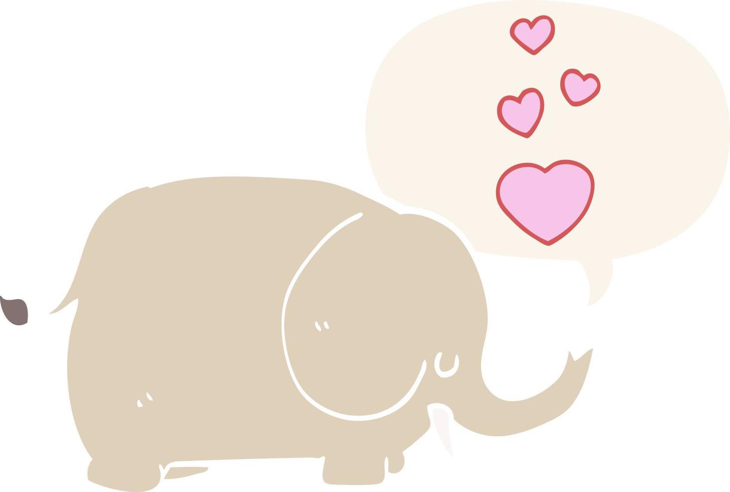 lindo elefante de dibujos animados y corazones de amor y burbujas de habla en estilo retro vector