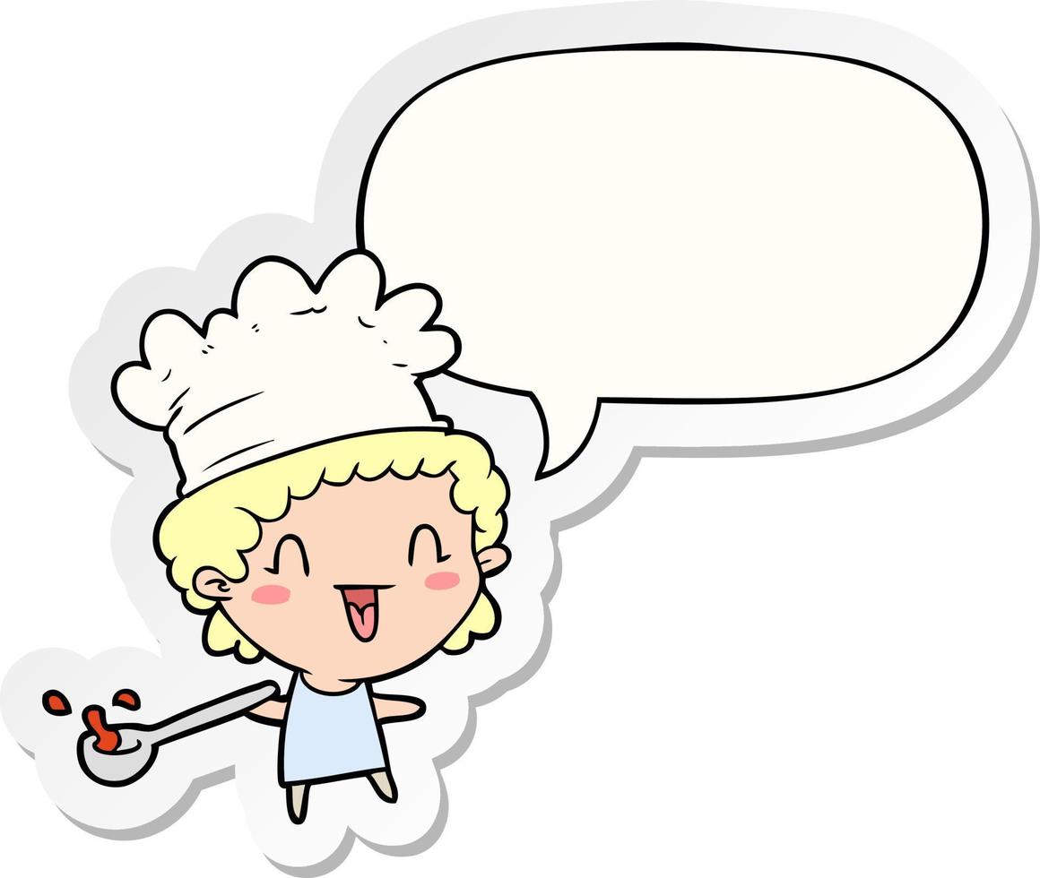 Cute dibujos animados chef feliz y etiqueta engomada de la burbuja del discurso vector