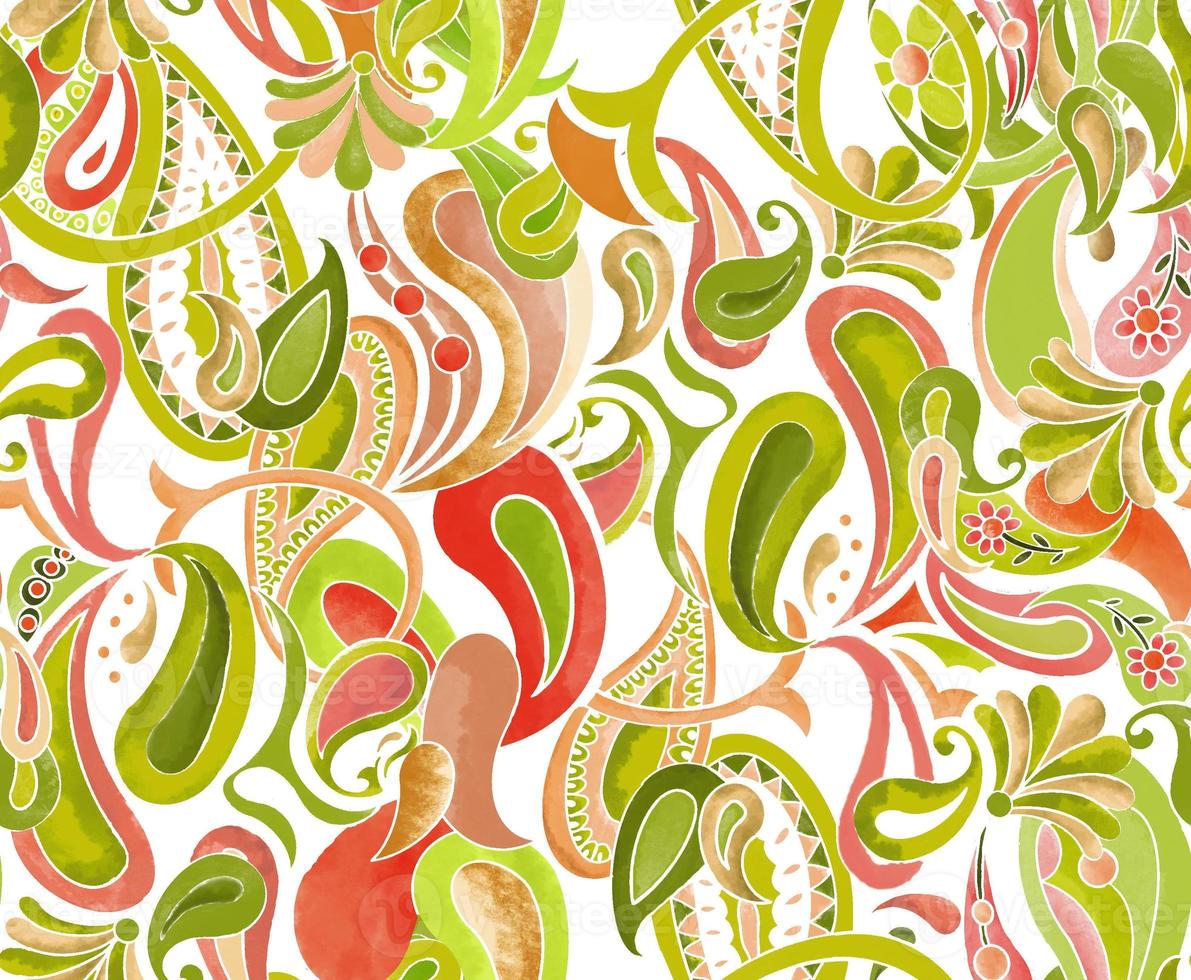 Watercolor paisley pattern background. Stylized silhouettes of paisley elements photo