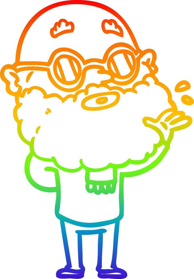 dibujo de la línea de gradiente del arco iris hombre curioso de dibujos animados con barba y gafas de sol vector