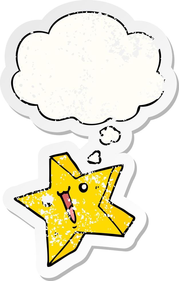 cartoon happy star and thought bubble as a distressed worn sticker vector
