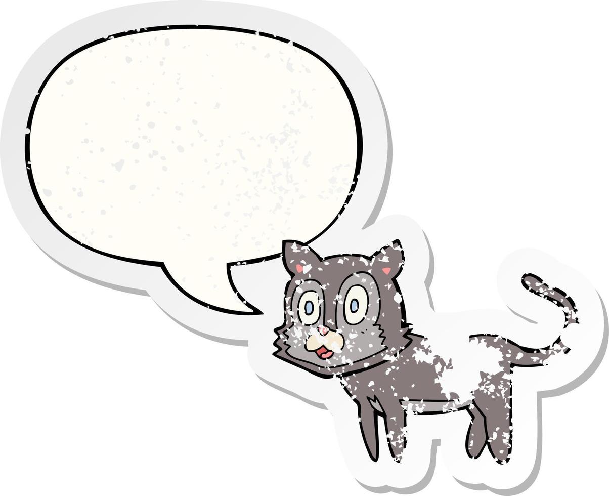 happy cartoon cat and speech bubble distressed sticker vector