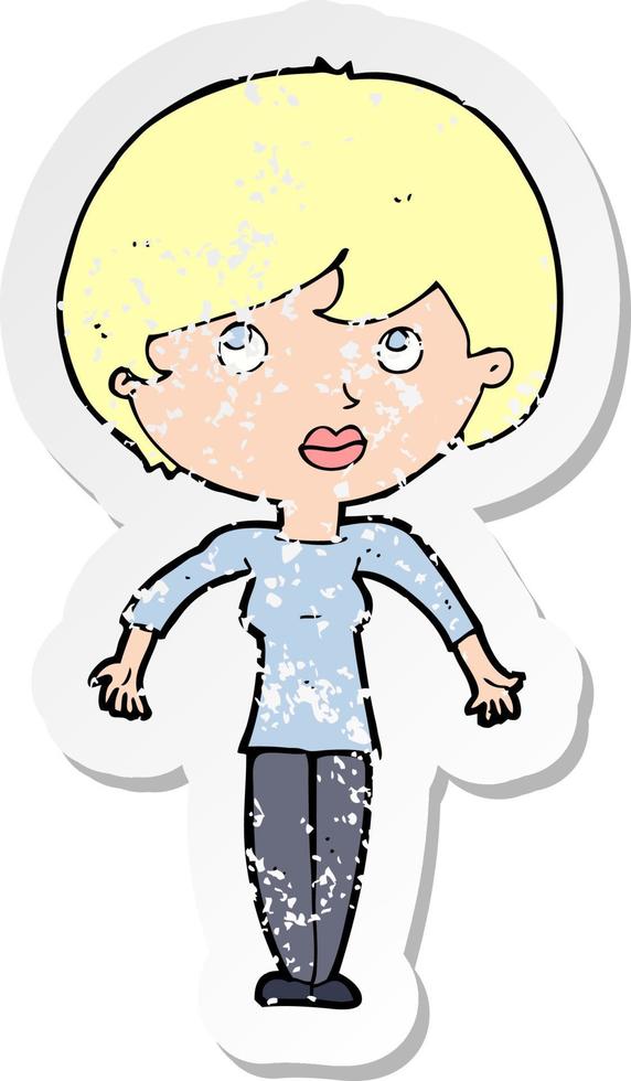 retro distressed sticker of a cartoon woman shrugging shoulders vector