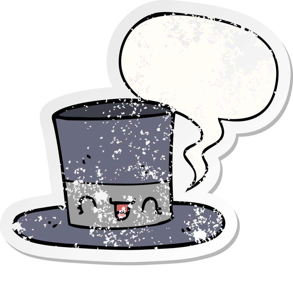 sombrero de copa de dibujos animados y etiqueta engomada angustiada de la burbuja del discurso vector