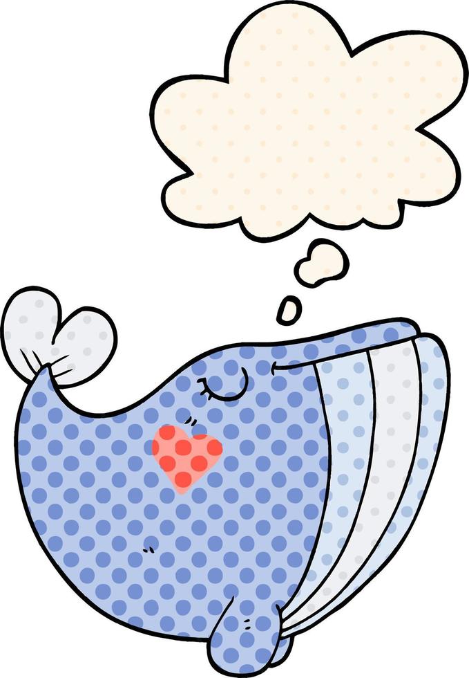 cartoon whale with love heart and thought bubble in comic book style vector