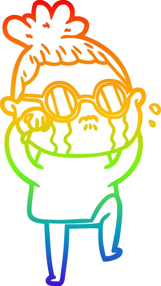 rainbow gradient line drawing cartoon crying woman wearing spectacles vector