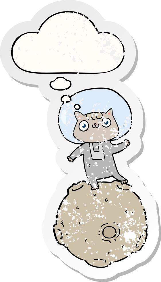 cute cartoon astronaut cat and thought bubble as a distressed worn sticker vector