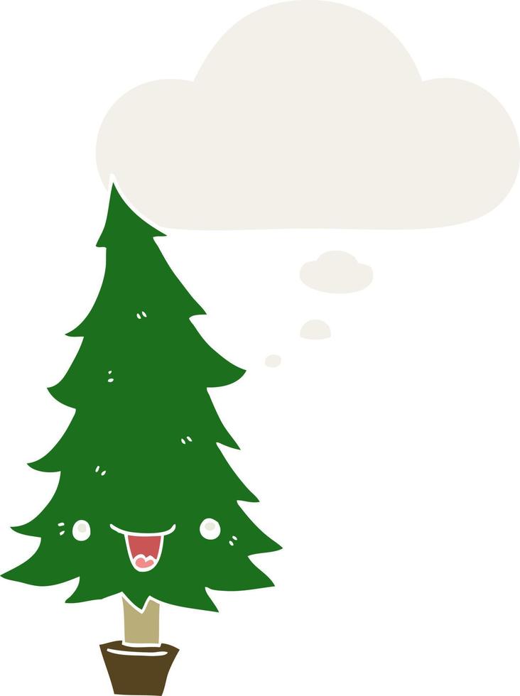 lindo árbol de navidad de dibujos animados y burbuja de pensamiento en estilo retro vector
