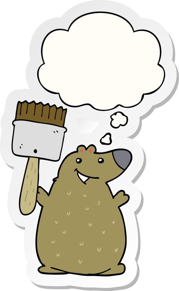 cartoon bear with paint brush and thought bubble as a printed sticker vector