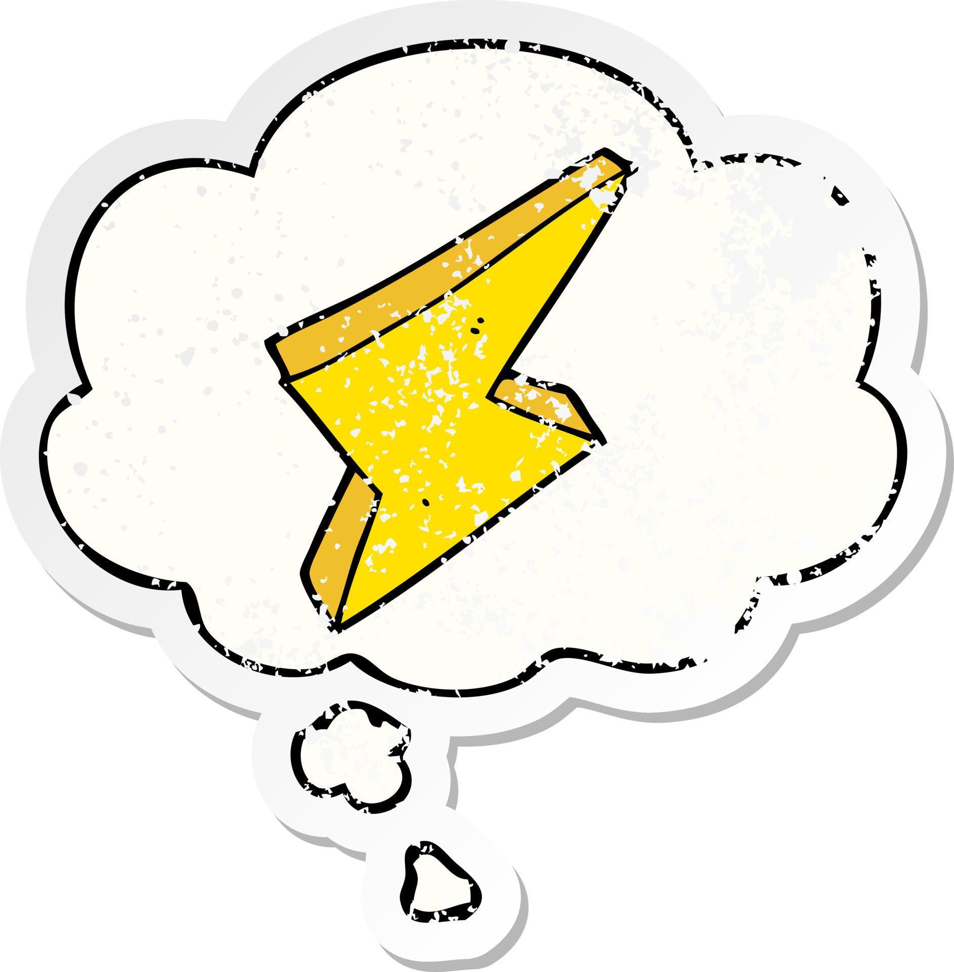 cartoon lightning and thought bubble as a distressed worn sticker 10546799 Vector Art at Vecteezy