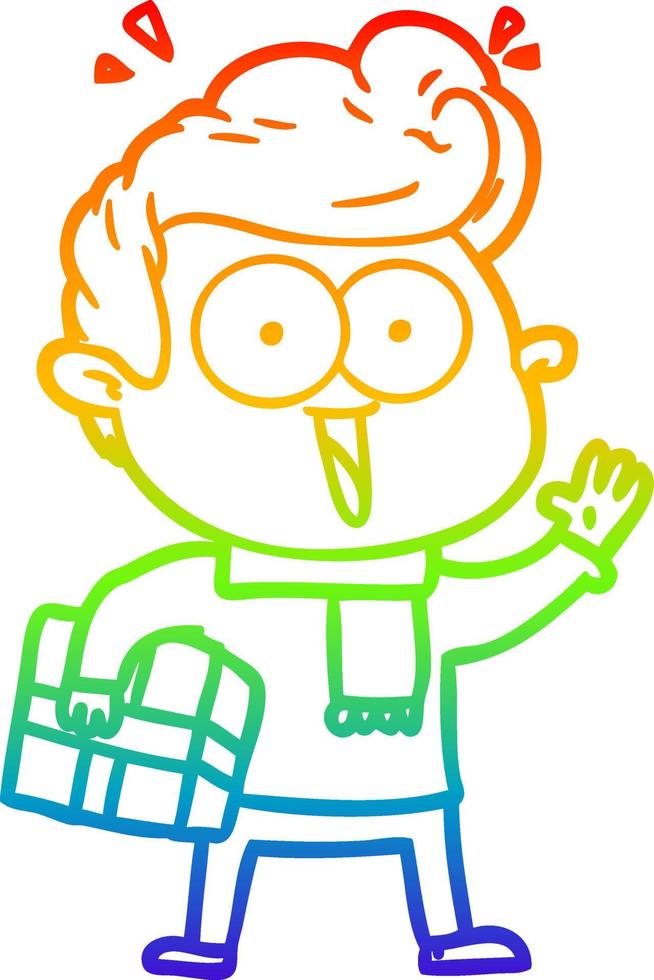 rainbow gradient line drawing cartoon excited man with present vector