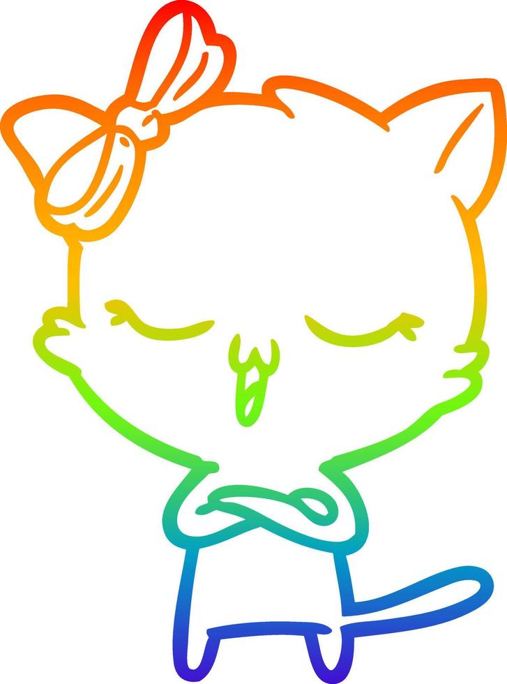 rainbow gradient line drawing cartoon cat with bow on head vector