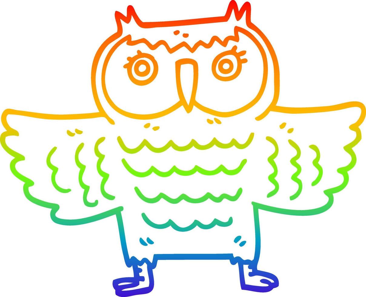 rainbow gradient line drawing cartoon owl with flapping wings vector