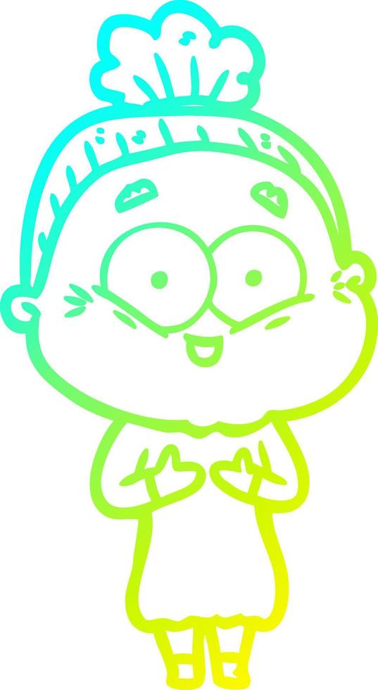 cold gradient line drawing cartoon happy old woman vector