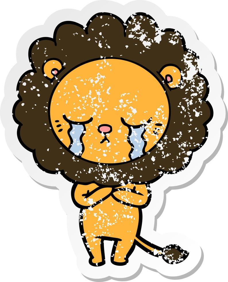 distressed sticker of a crying cartoon lion vector