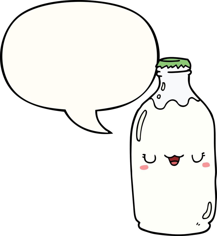 lindo, caricatura, botella de leche, y, burbuja del discurso vector